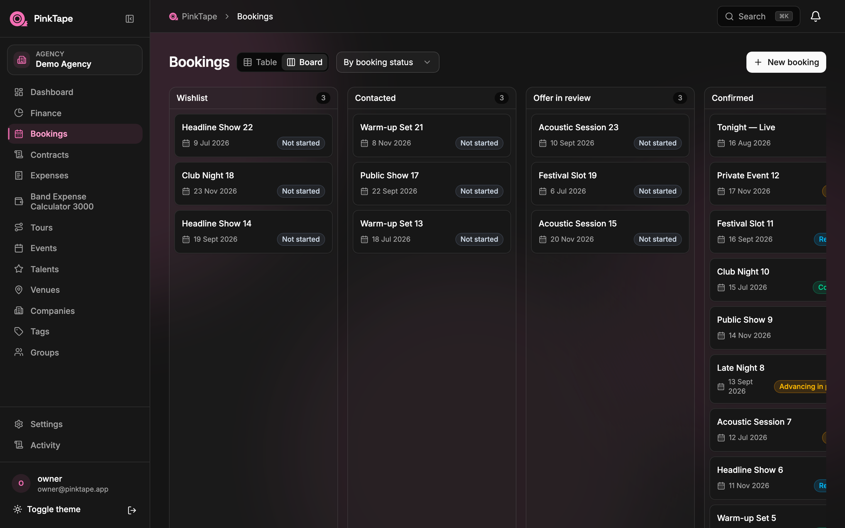 Bookings board